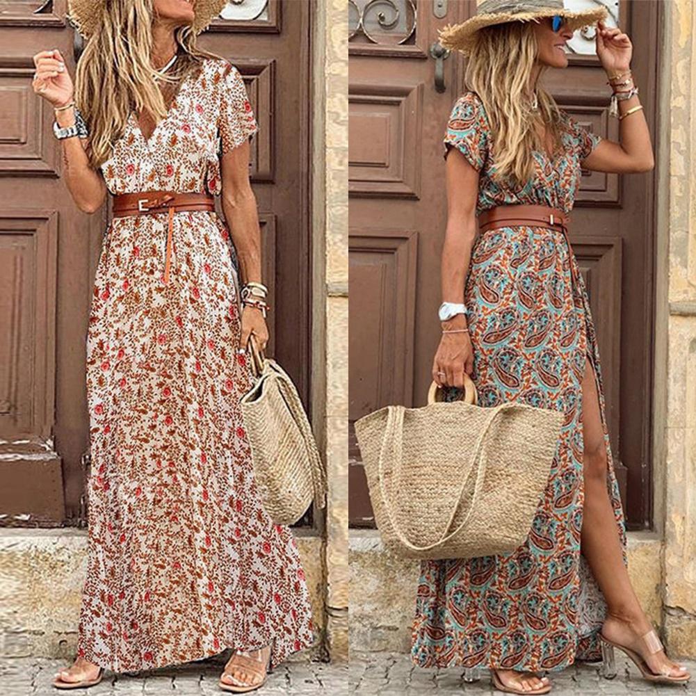 Boho Women V Neck Short Sleeve Paisley Print Belt Long Dress Di Amora' Fashion Boho Women V Neck Short Sleeve Paisley Print Belt Long Dress Di Amora' Fashion