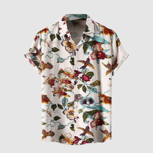Birds Floral Print Short Sleeve Shirts