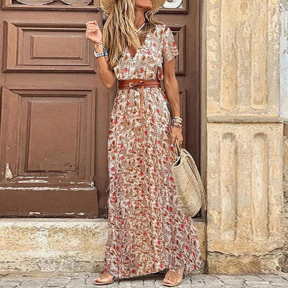 Boho Women V Neck Short Sleeve Paisley Print Belt Long Dress Di Amora' Fashion Boho Women V Neck Short Sleeve Paisley Print Belt Long Dress Di Amora' Fashion