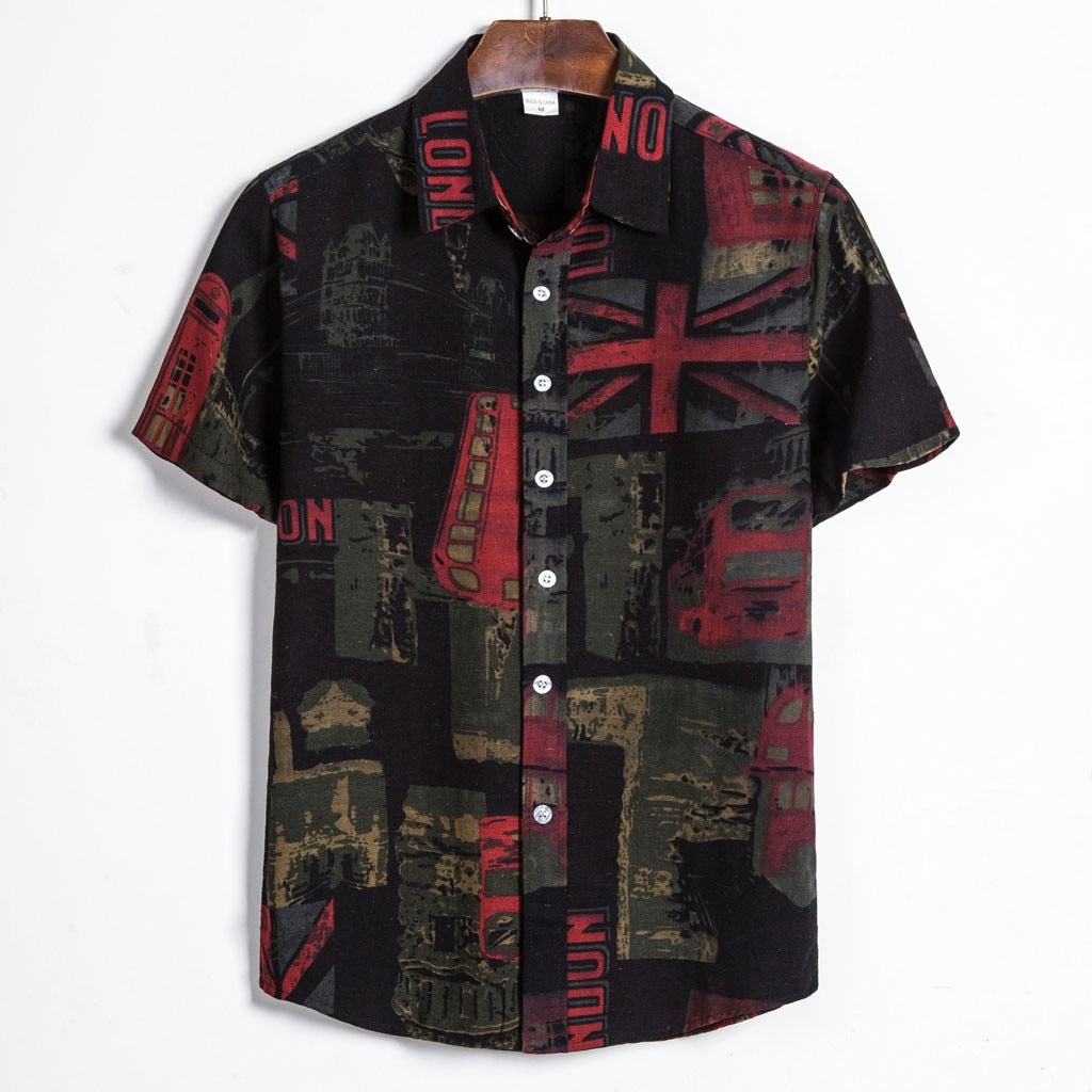 Sleeve Retro Print Hawaiian Shirt
